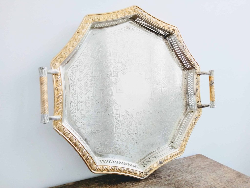 Vintage Moroccan Silver Gold Coloured Metal Medium Circular Metal Tray Plate Charger Serving Wall Hanging circa 1980-90’s