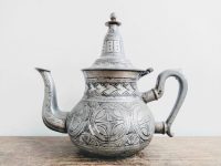 Vintage Tunisian Pewter Decorative Decorated Engraved Silver Metal Tea Pot Teapot circa 1950-60's
