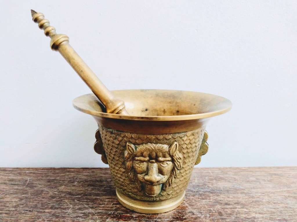 Vintage French Small Brass Pestle and Mortar Medicine Pill Spice Herb Mixing Grinding Pot Spellmaking Witch Cooking c1950’s