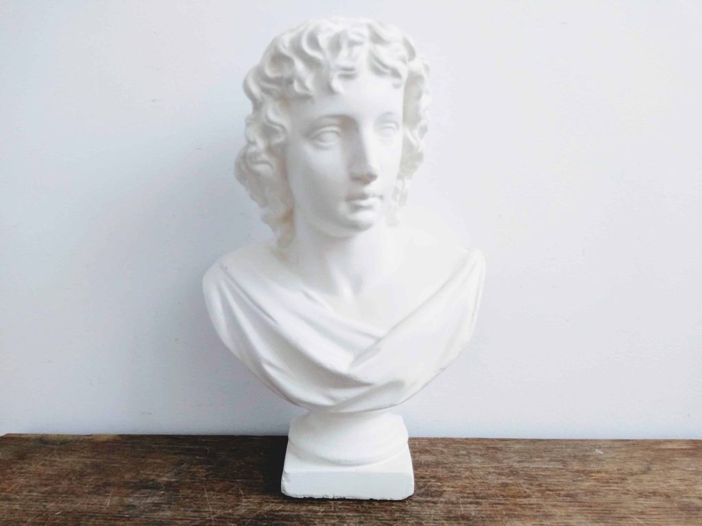 Vintage French Ancient Roman Young Man White Plaster Reproduction Bust Head Ornament Statue Display c1970-80’s