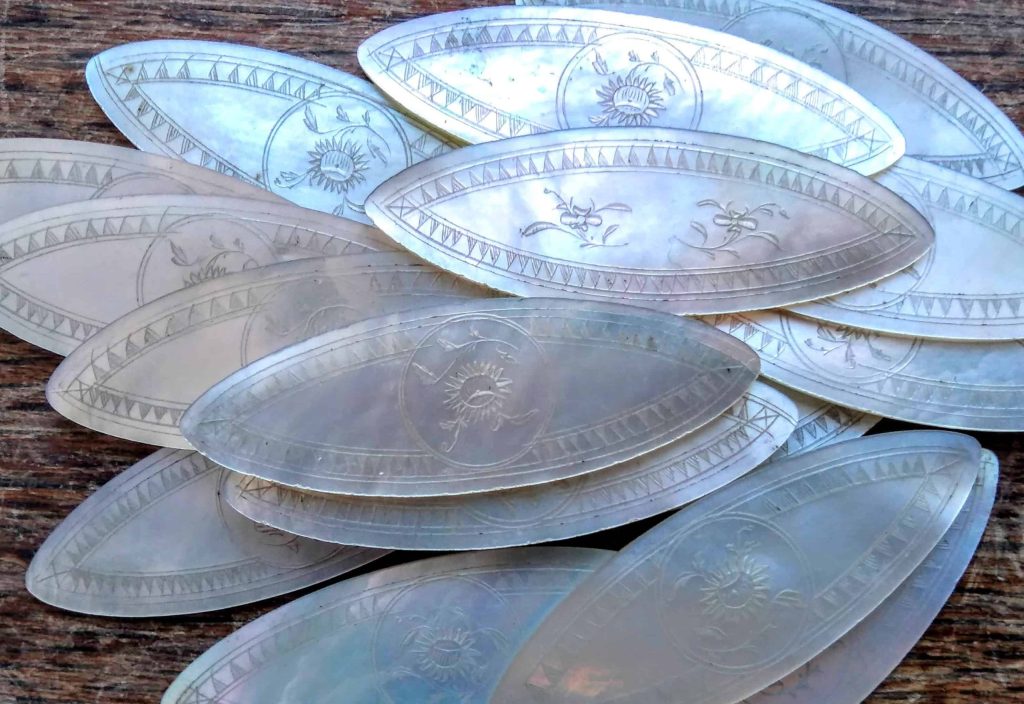 Antique Chinese INDIVIDUAL Oval Mother Of Pearl Lotus Flower Gaming Chips Counters Tokens Hand Carved Engraved c1800-1850’s