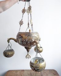 Vintage Middle Eastern Turkish Brass Bath Mosque Large Hanging Four Bulb Electric Pendulum Lamp Ornate Lattice c1930-50’s 2