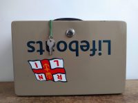 Alternative view of Vintage English RNLI Lifeboats metal painted firebox safe money cash bank security emergency box case first aid c1990's