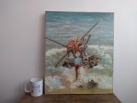 Alternative view of Vintage French Simone Fougere Les Pecheurs De Mahabalipuram Fishing Raft Fishermen Oil Portrait Painting Art circa 1980-90's