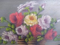 Alternative view of Vintage French Raile Still Life Flower Basket Bowl Diaplay Small Oil Painting Art Canvas In Golden Wooden Frame c1940-50's