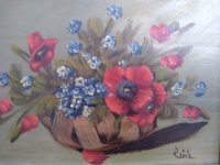 Alternative view of Vintage French Raile Still Life Flower Basket Bowl Diaplay Small Oil Painting Art Canvas In Golden Wooden Frame c1940-50's