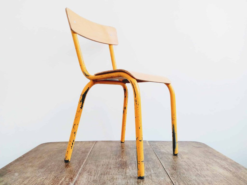 Vintage French Small Child School Playschool Playroom Chair Seat Yellow Wood Metal SOLD INDIVIDUALLY circa 1960-70’s 3