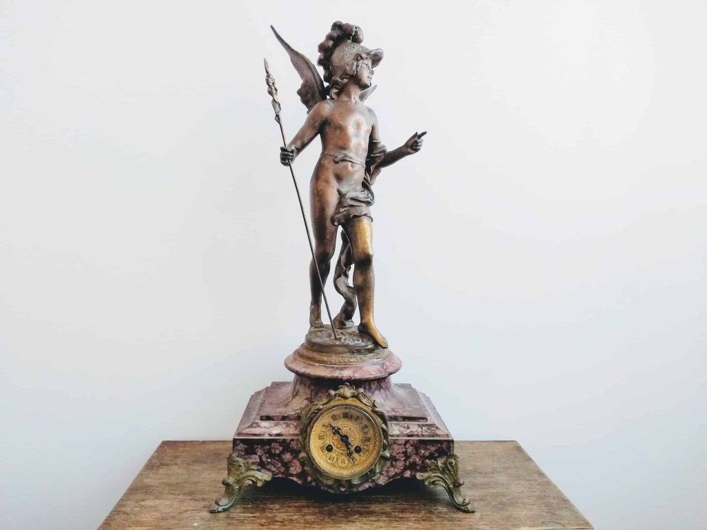 Antique French Auguste Moreau Bronze Brass Stone Sculpture Winged Spear Holding Boy Angel Cupid Icon Clock Chateau c1900’s