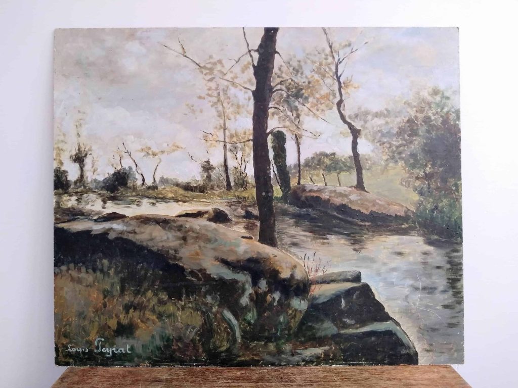 Vintage French Normandy River Brook Water Rocks Scene Oil Painting Art Wall Hanging Picture Signed Louis Peyrat c1950-60’s