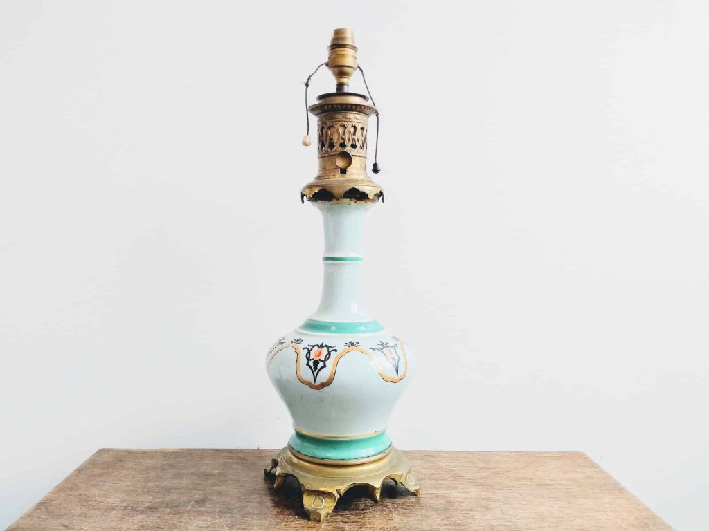 Vintage French Aqua Sea Green Ceramic Brass Adapted Oil Paraffin Electric Lamp Light Lighting Display circa 1920’s