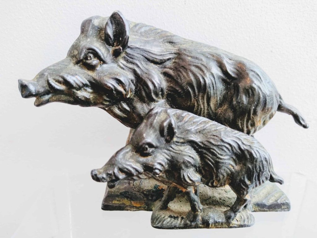 Vintage French Metal Boar Pig and Piglet Cast Metal Ornament Decor Figurine c1950’s