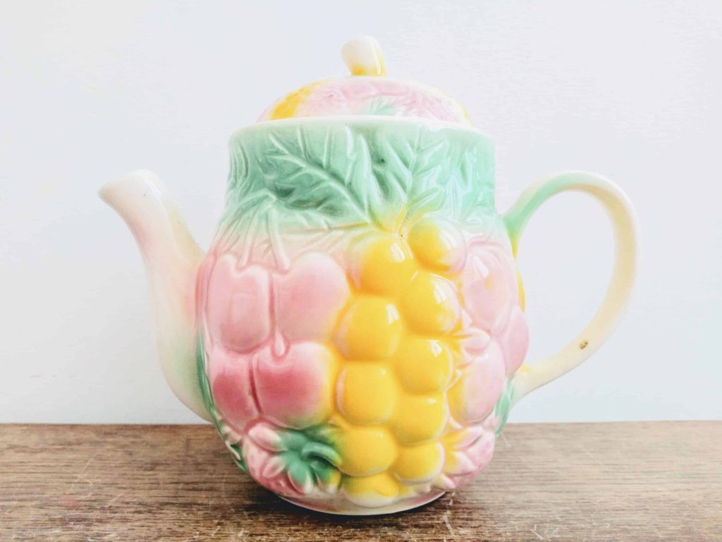 Vintage French Salins Pastel Ceramic Fruit Decorated Teapot Pot Brewing Tea-time Afternoon Tea Cake circa 1960's