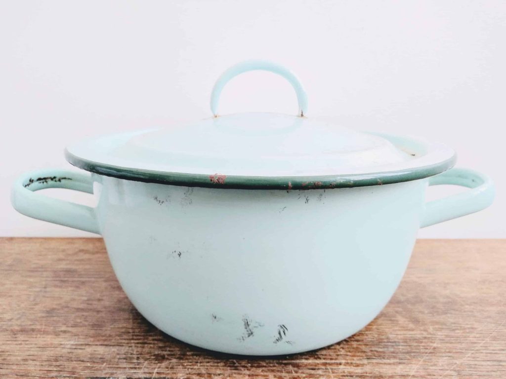 Vintage French Blue Green Enamel Cooking Pot Saucepan Traditional Kitchen Ware Kitchenware 1940-50’s
