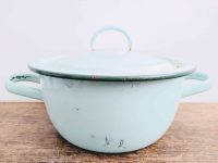 Vintage French Blue Green Enamel Cooking Pot Saucepan Traditional Kitchen Ware Kitchenware 1940-50's