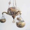 Vintage Middle Eastern Turkish Brass Bath Mosque Large Hanging Four Bulb Electric Pendulum Lamp Ornate Lattice c1930-50's