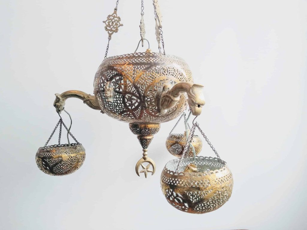 Vintage Middle Eastern Turkish Brass Bath Mosque Large Hanging Four Bulb Electric Pendulum Lamp Ornate Lattice c1930-50’s