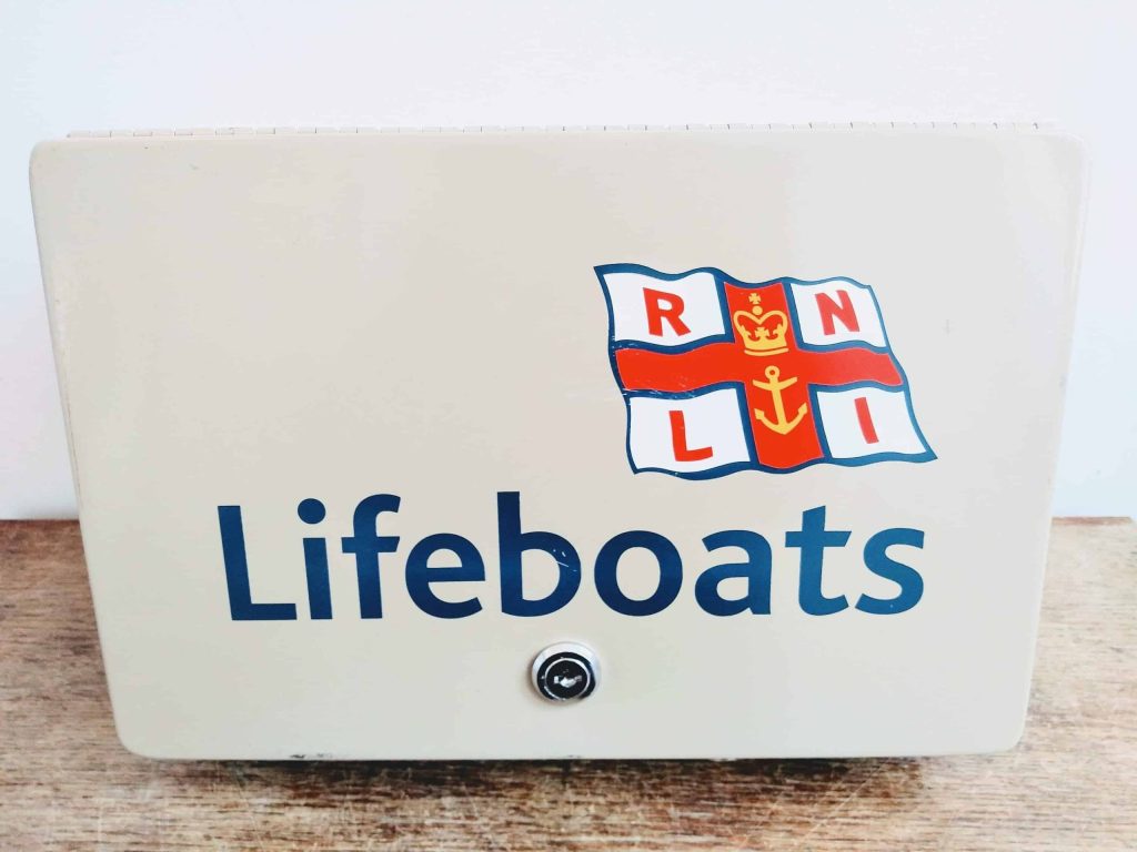Vintage English RNLI Lifeboats metal painted firebox safe money cash bank security emergency box case first aid c1990’s