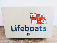 Vintage English RNLI Lifeboats metal painted firebox safe money cash bank security emergency box case first aid c1990's