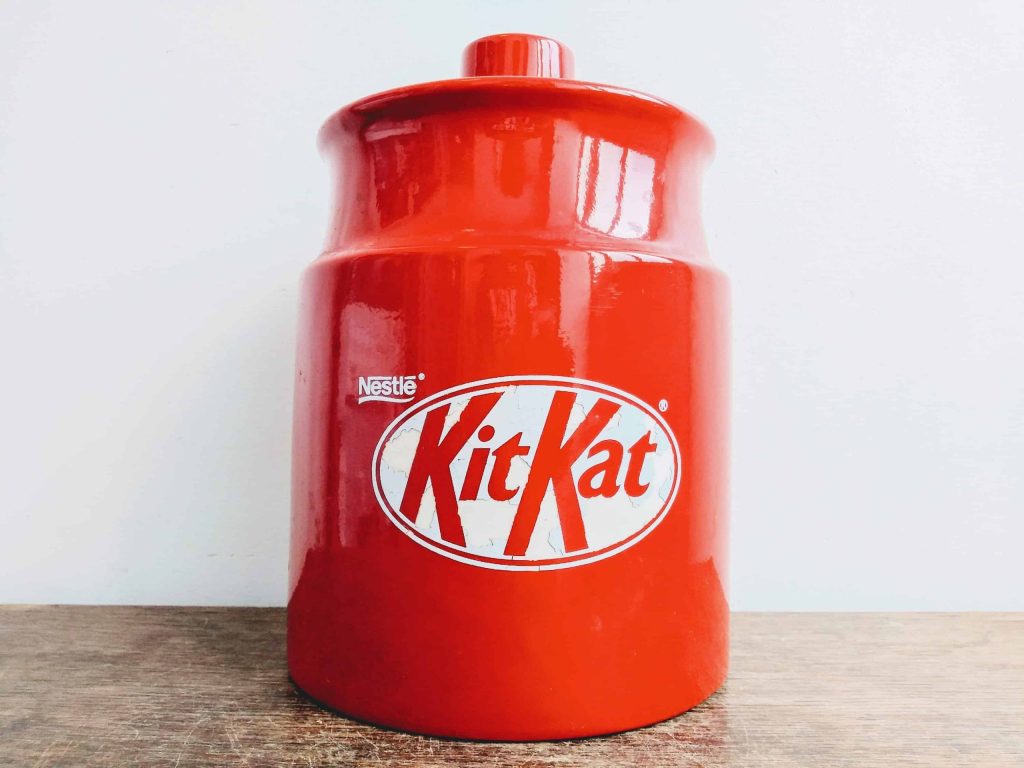 Vintage English Kit Kat Chocolate Bar Rowntrees Nestle Red Large Biscuit Cookie Jar Pot Container Kitchen Storage c1980-90’s