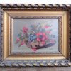 Vintage French Raile Still Life Flower Basket Bowl Diaplay Small Oil Painting Art Canvas In Golden Wooden Frame c1940-50's