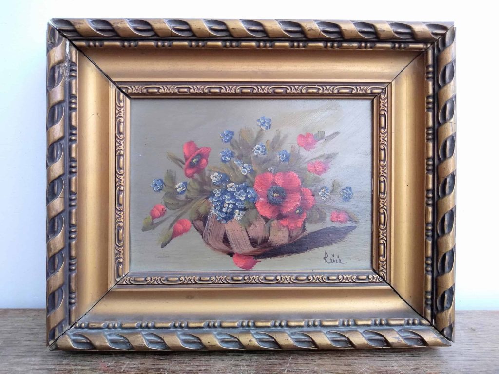 Vintage French Raile Still Life Flower Basket Bowl Diaplay Small Oil Painting Art Canvas In Golden Wooden Frame c1940-50’s