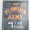 Vintage English Original Heavy Wooden Large Plowden Arms Car Park Bar Handpainted Pub Sign External Outside circa 1980-90's