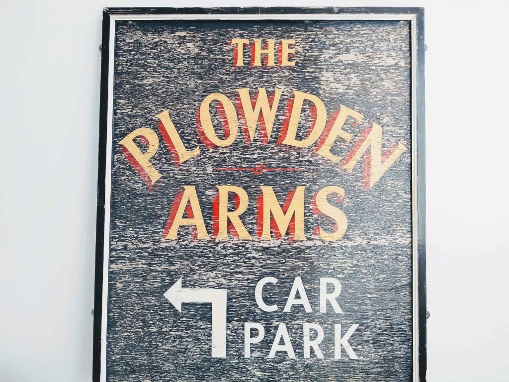 Vintage English Original Heavy Wooden Large Plowden Arms Car Park Bar Handpainted Pub Sign External Outside circa 1980-90’s