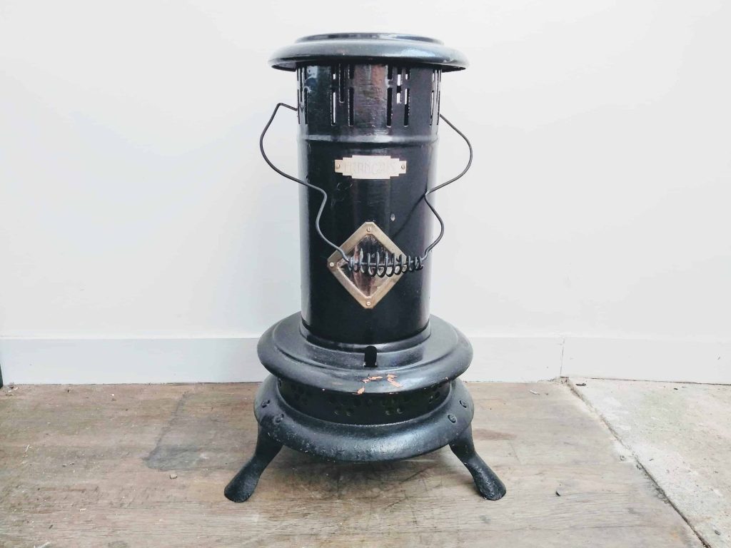 Antique French Paraffin Liquid Fuel Burner Stove Francais Black Painted Metal Heater Heating Fireplace circa 1910-20’s