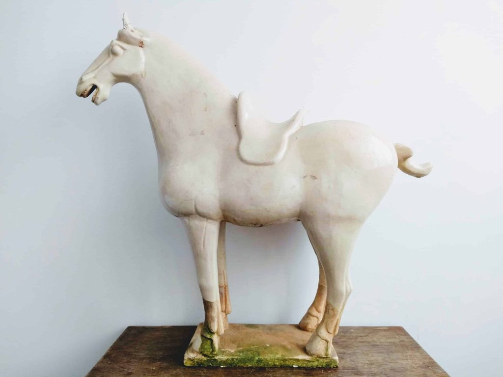 Vintage Chinese White Cream Large Clay Terracotta Tang Style Horse Horses Asian Decorative Ornament Decoration circa 1950’s