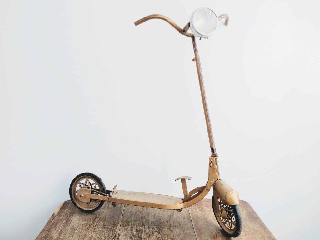 Vintage French Childrens Chain Driven Push Pedal Scooter Childs Toy Adapted Gold Collectors circa 1950-60’s