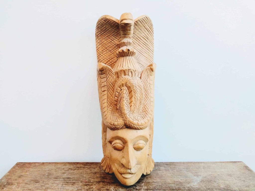 Vintage Indian Wood Wooden Hand Carved Decorated Mask Rattle Snake Cobra Head Ornament Wooden Figurine Model Decor c1980-90’s 3