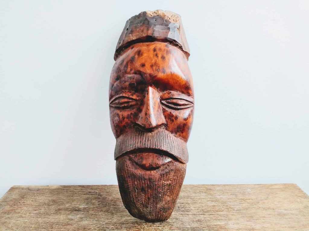 Vintage Nordic Face Man Face Mask Idol Statue Primitive Art Carving Sculpture Wooden Root Wood Wall Decor circa 1950’s