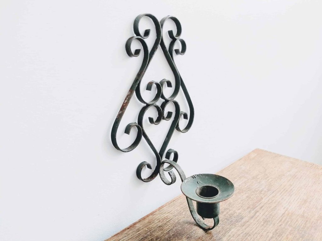 Vintage French Rusty Green Iron Wall Mounted Candle Holder candelabra candle holder stick fancy ornate circa 1960-70’s