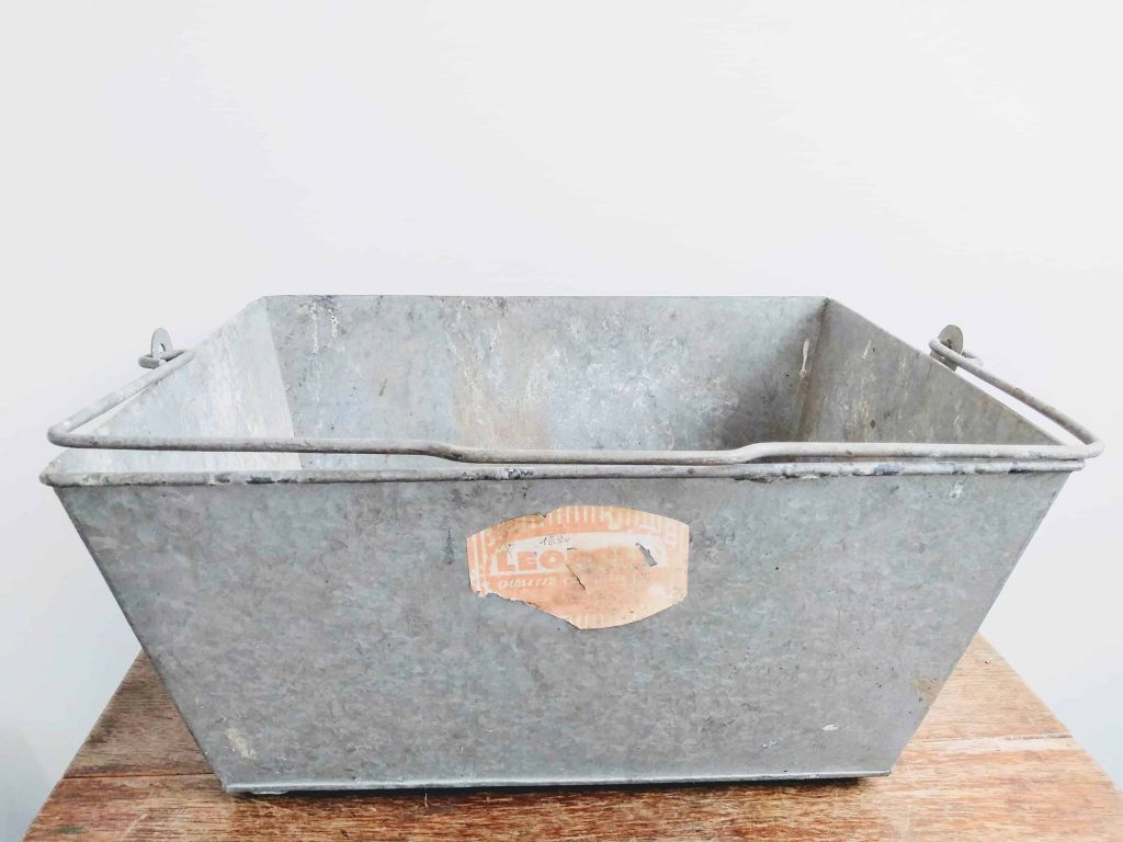 Vintage French Extra Large Handled Square Metal Galvanised Galvanized Bucket Garden Harvesting Fireplace circa 1970-80’s