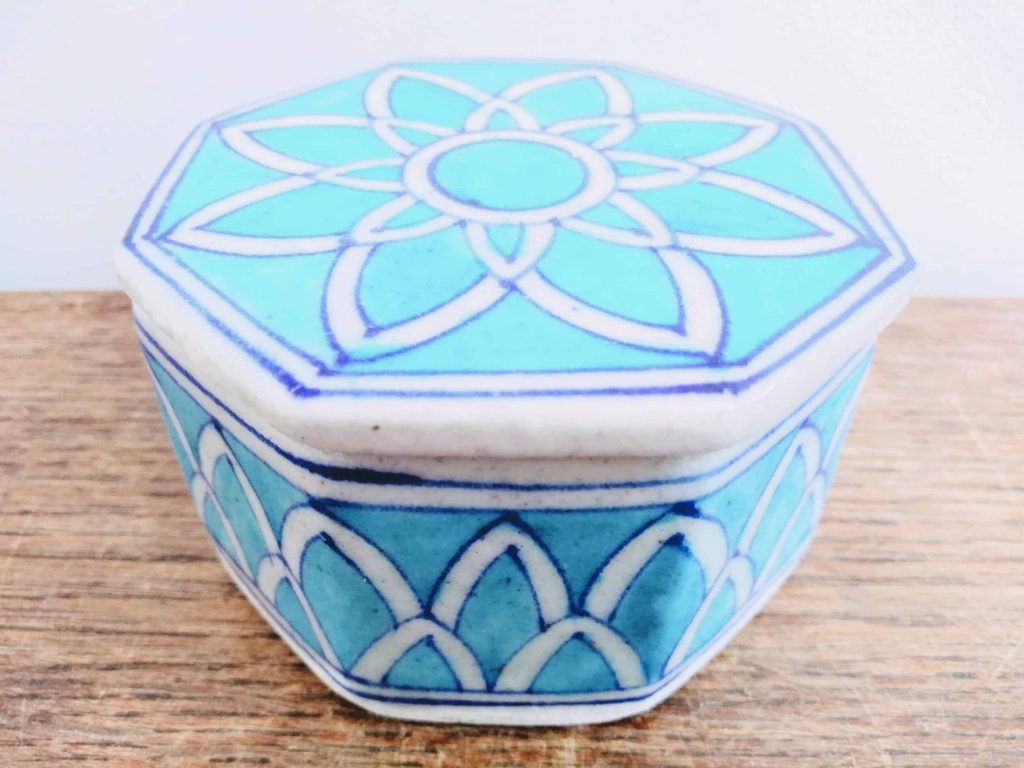 Vintage Indian Stone Powder Blue Decorated Small Storage Pot Urn Lidded Container Display Prop Design circa 1970-80’s