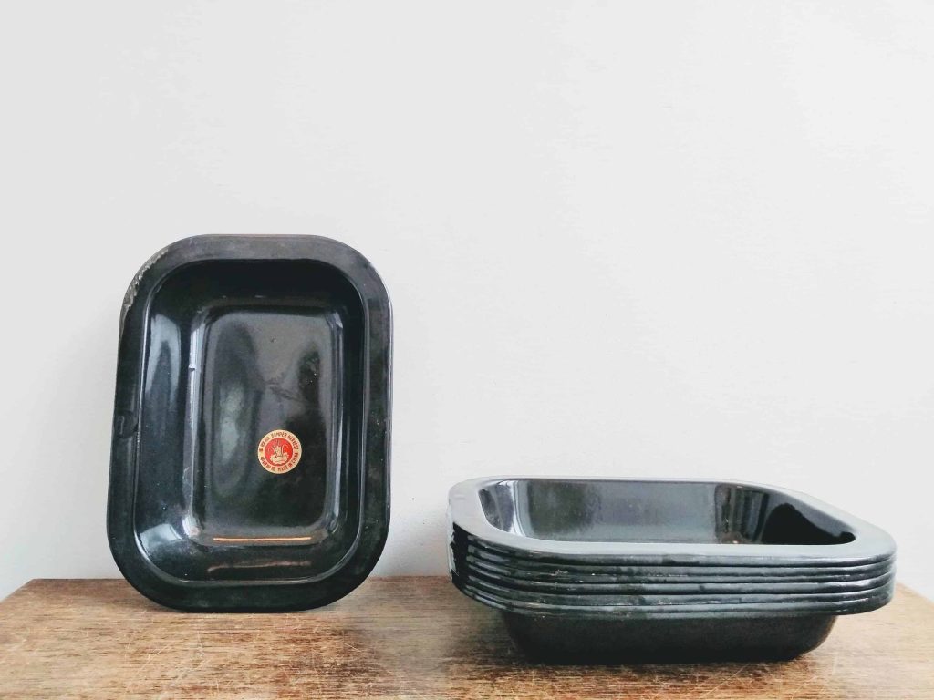 Vintage Chinese Black Enamel Metal Bumper Harvest Dish Bowl Plate Serving Display Storage Sold Individually circa 1980-90's