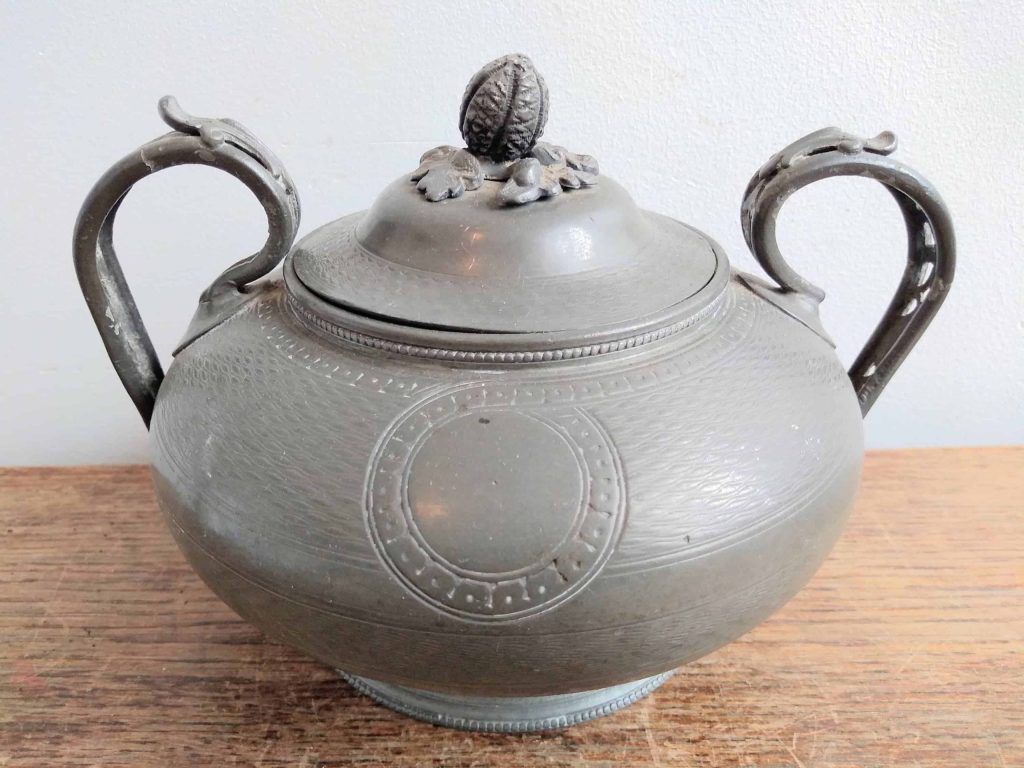 Antique English Sheffield Pewter Pot With Lid dish bowl sugar storage container decoration decor prop display circa 1900-20's