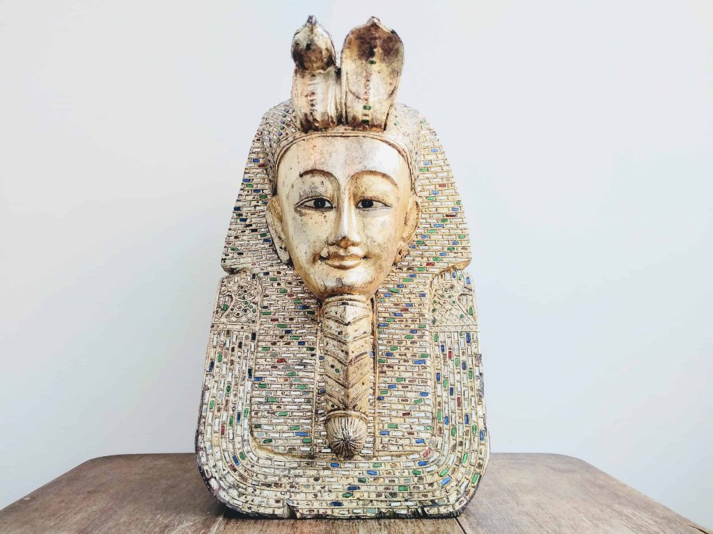 Vintage Egyptian Large Gold Pharaoh Head Glass Encrusted Bust Foyer Reception Centerpiece Centrepiece Decor Design c1960’s