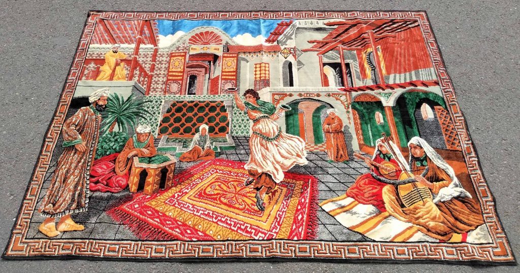 Vintage Turkish Tunisian Moroccan Dancing Girl Market Scene Hand Tied Wool Large Decorative Mat Carpet Rug c1980’s