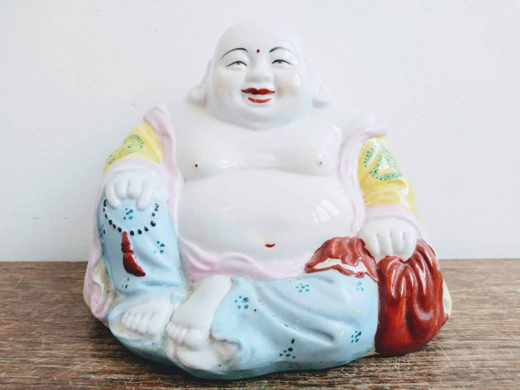 Vintage Chinese Ceramic Smiling Money Buddha Wise Man Scholar Ornament Decoration White Colour Decor circa 1980-90’s