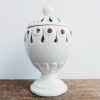 Vintage French White Ceramic Lidded Candle Wax Holder shabby chic lanterns openwork light candles holders circa 1980-90's