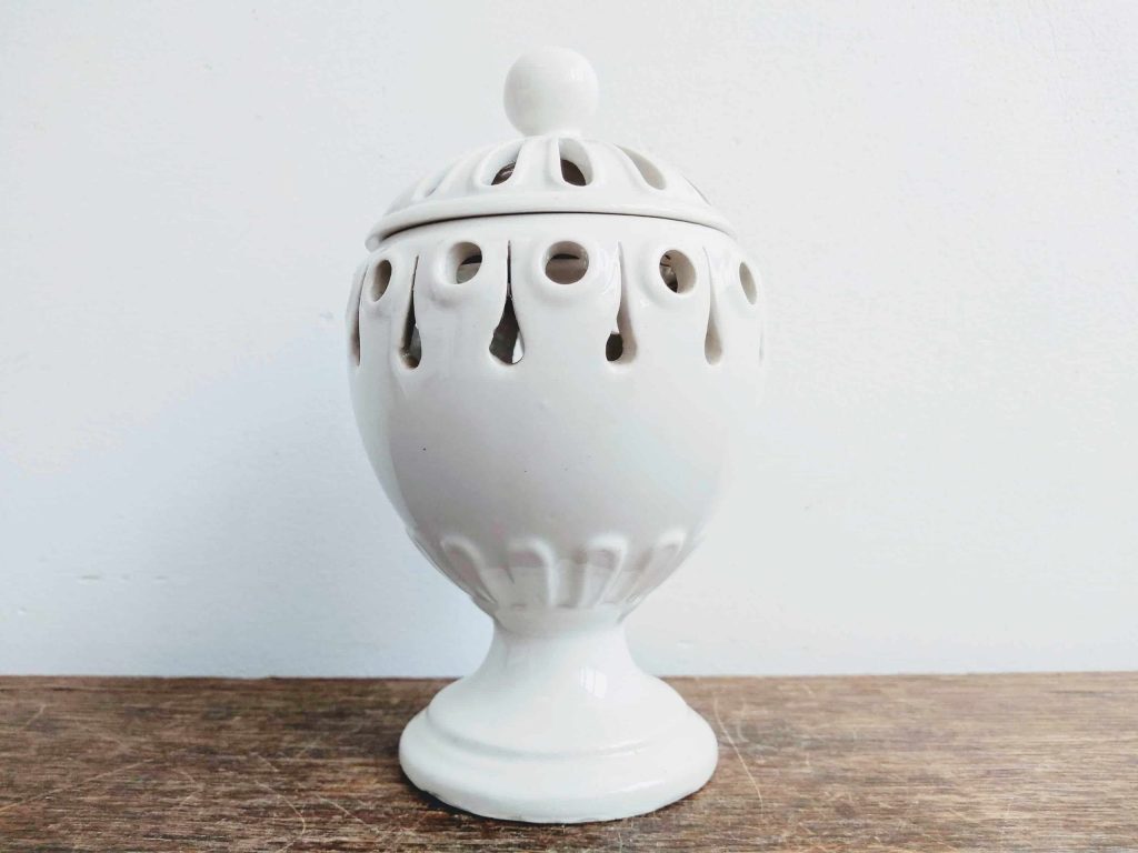 Vintage French White Ceramic Lidded Candle Wax Holder shabby chic lanterns openwork light candles holders circa 1980-90’s