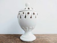 Vintage French White Ceramic Lidded Candle Wax Holder shabby chic lanterns openwork light candles holders circa 1980-90's