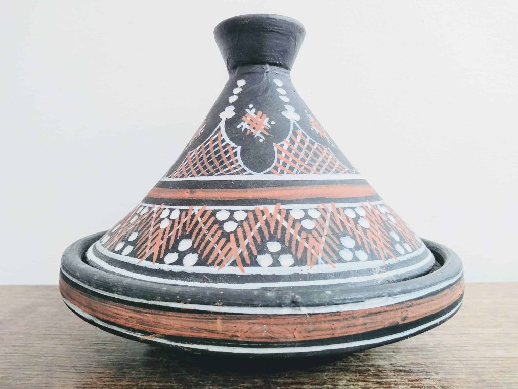 Vintage Moroccan Tunisian Berber Couscous Dish Bowl Black Red Pottery Stoneware Pot Serving Arabian Theme circa 1980-90’s