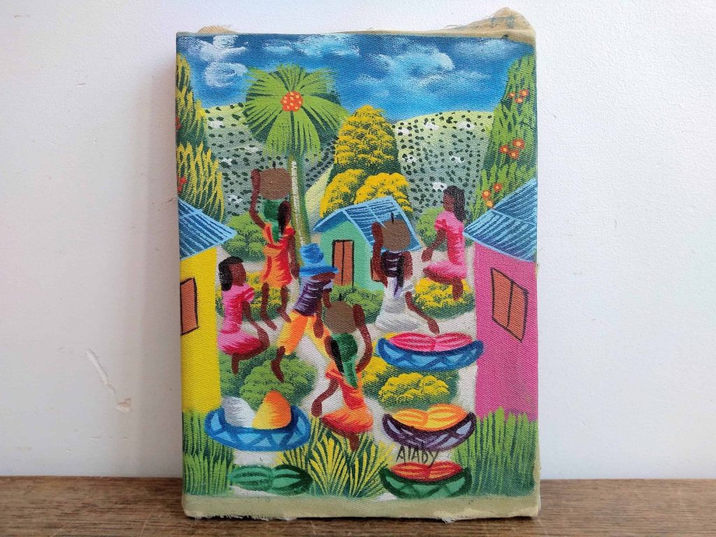 Vintage French Caribbean Aiaby Village Scene Fruit Harvesting Colourful Acrylic Paint Painting Art circa 1980-90’s