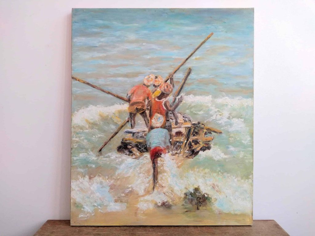 Vintage French Simone Fougere Les Pecheurs De Mahabalipuram Fishing Raft Fishermen Oil Portrait Painting Art circa 1980-90’s