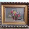Vintage French Raile Still Life Flower Basket Bowl Diaplay Small Oil Painting Art Canvas In Golden Wooden Frame c1940-50's