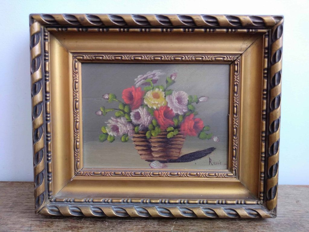 Vintage French Raile Still Life Flower Basket Bowl Diaplay Small Oil Painting Art Canvas In Golden Wooden Frame c1940-50’s