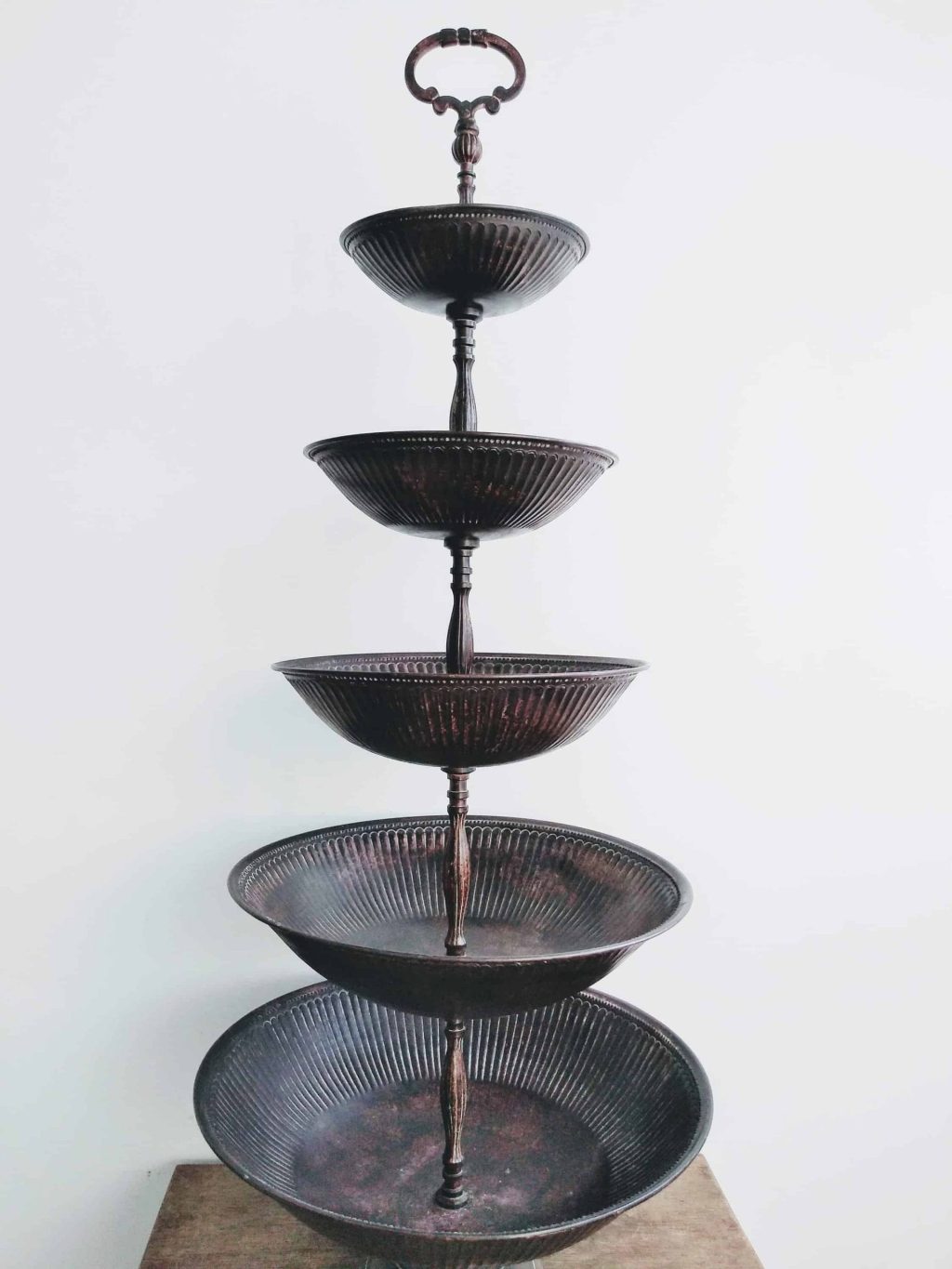 Vintage French Metal Brown Cake Bon Bon Stand Style Five Tier Serving Bowl Platter Dish Stand Display Candy Fruit c1980-90's