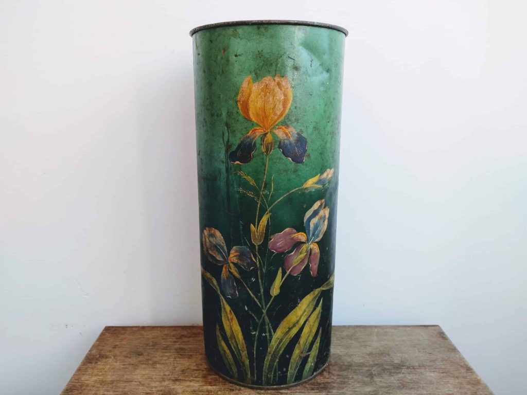 Vintage French Painted Metal Green Flowers Umbrella Walking Stick Stand Storage Pot Container Hallway circa 1950-60’s 3